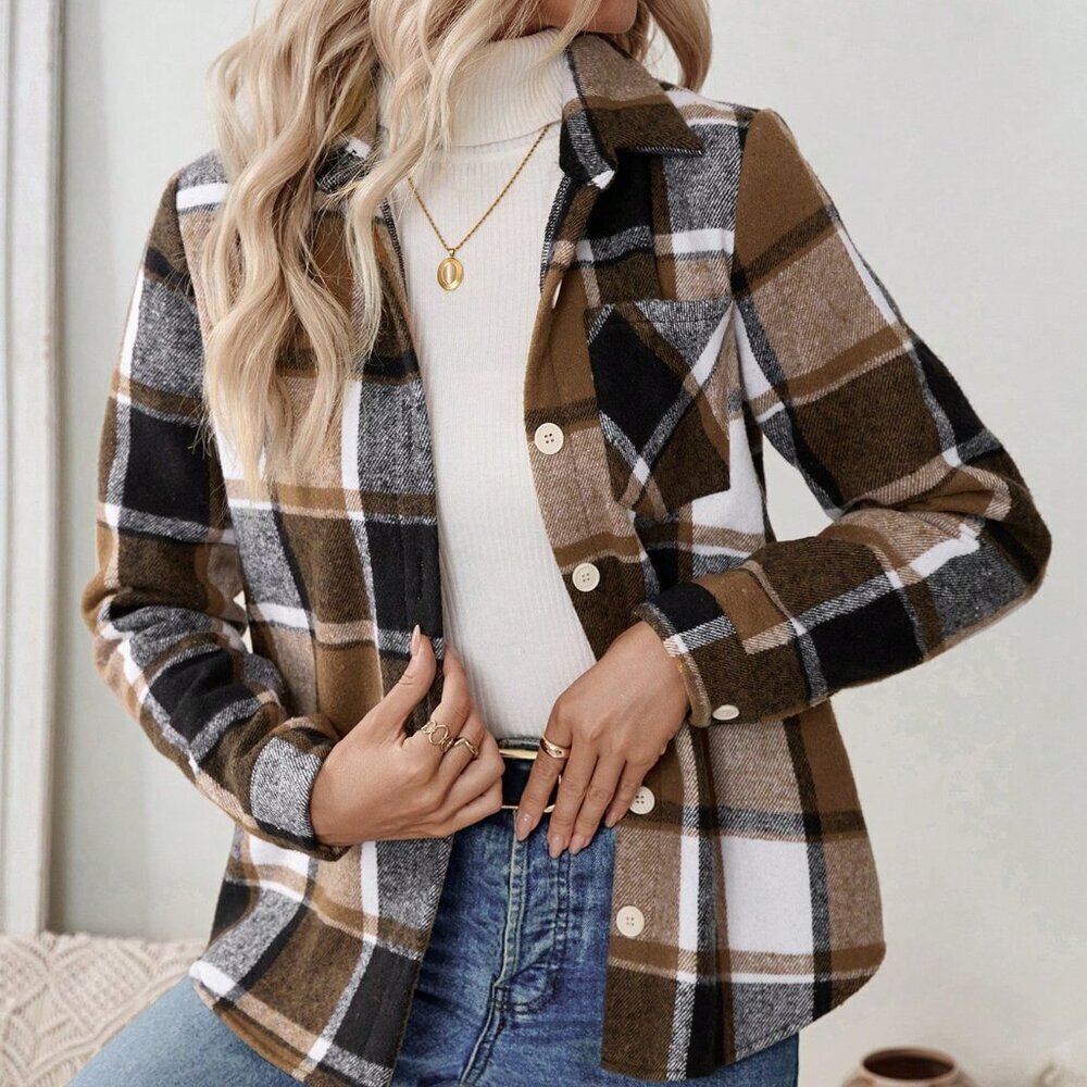 Khaki Casual Women's Plaid Button Front Jacket